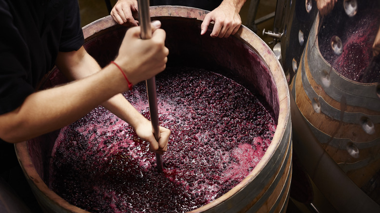 person stirring wine in barrel