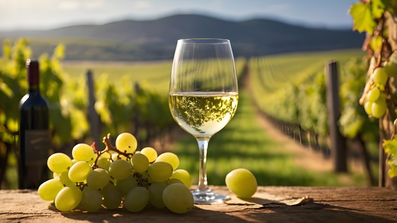 white wine glass with grapes