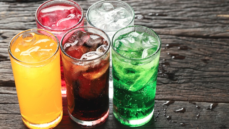 Glasses of soft drinks