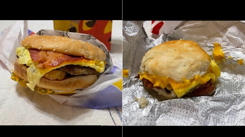 Two breakfast sandwiches side by side