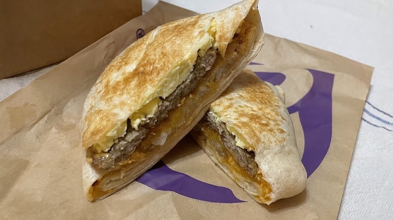 A sausage breakfast Crunchwrap from Taco Bell