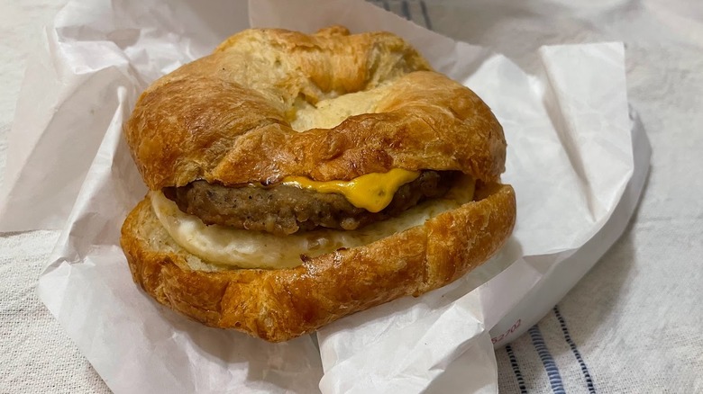 A sausage, egg, and cheese croissant from Dunkin'