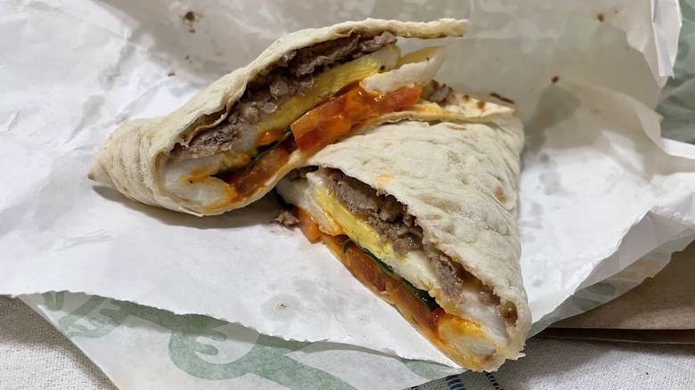 A steak, egg, and cheese melt from Subway