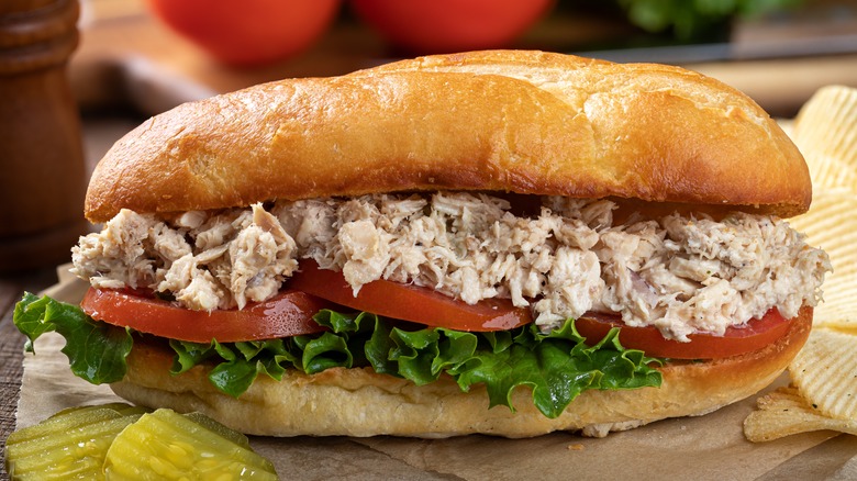 Tuna salad sandwich with toppings