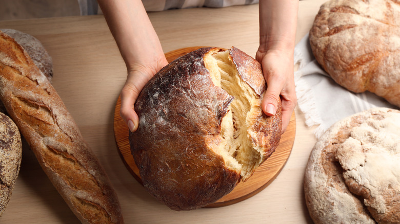 person tearing freshly baked bread