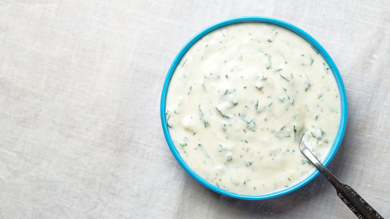 ranch dressing in blue bowl