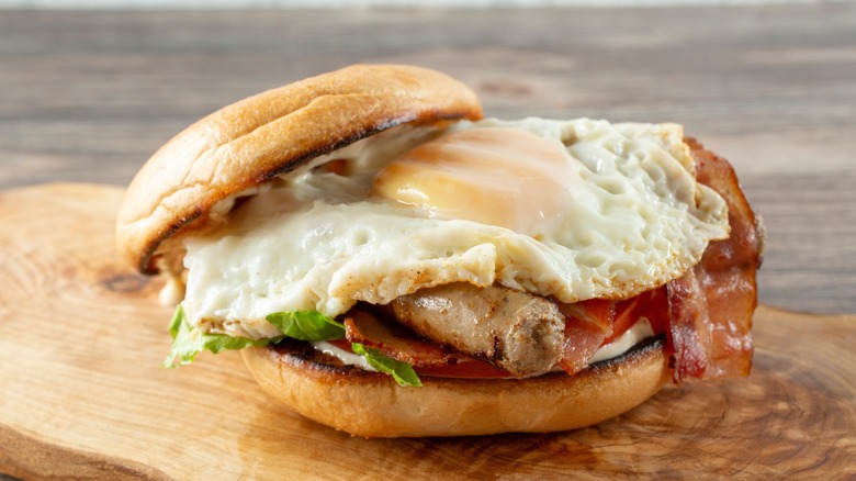 sausage, egg, and bacon breakfast sandwich