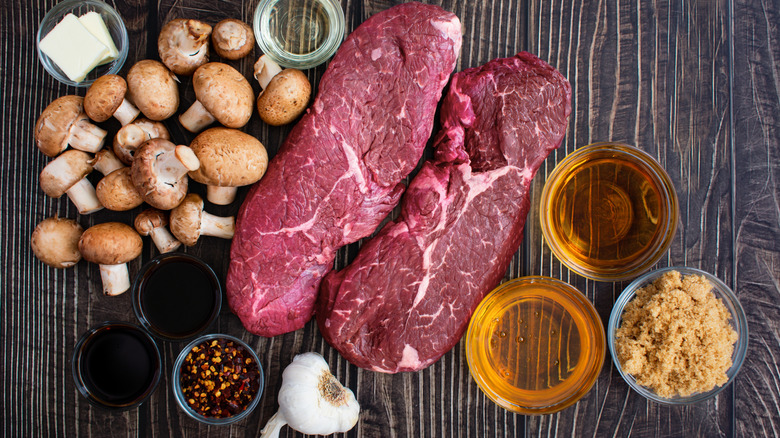 Ingredients to make honey bourbon steak tips