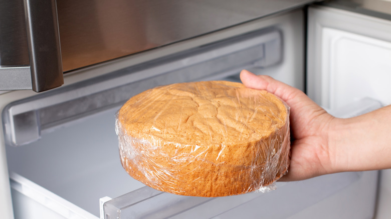 Placing sponge cake in freezer