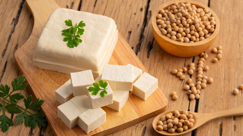 tofu on a wooden slab