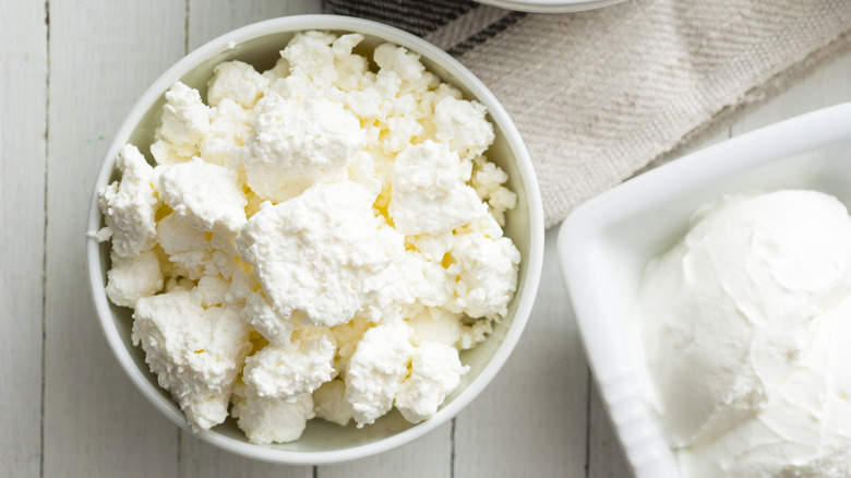 Drained ricotta cheese in a bowl
