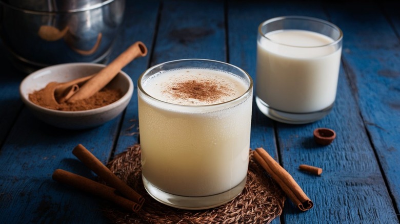 Horchata with cinnamon in glasses