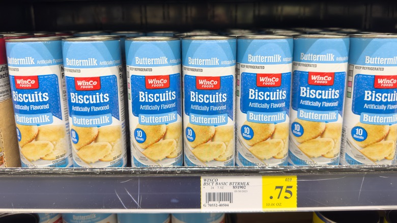 Canned biscuits on a shelf