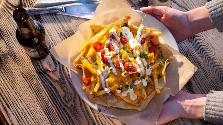 Person's hands holding a plate of loaded fries