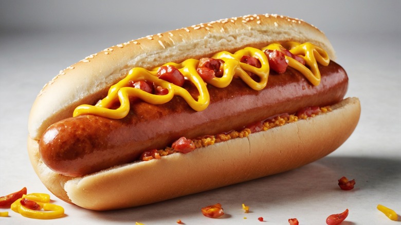 mustard-topped hot dog on bun