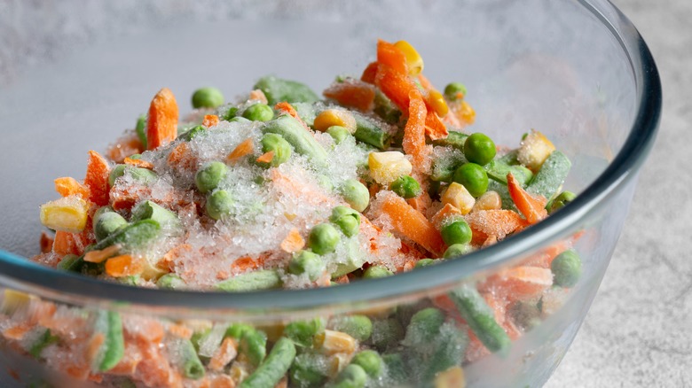 Glass bowl of frozen veg