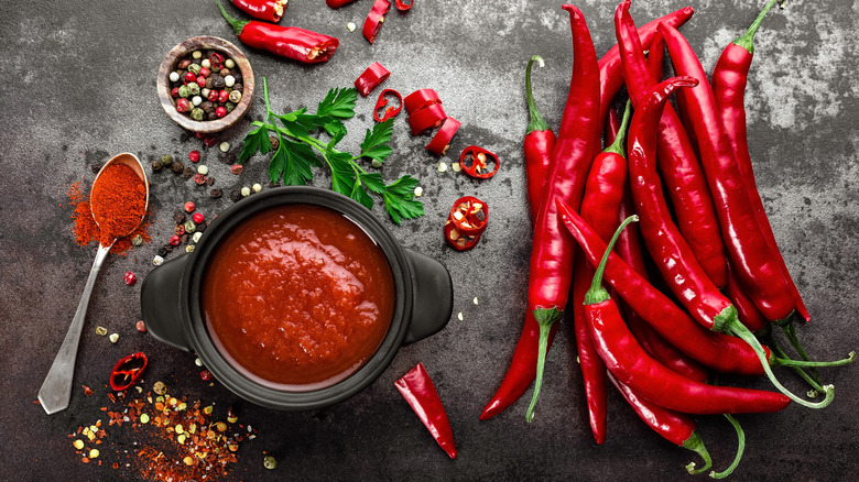 Hot sauce is served in bowl and surrounded by ingredients.