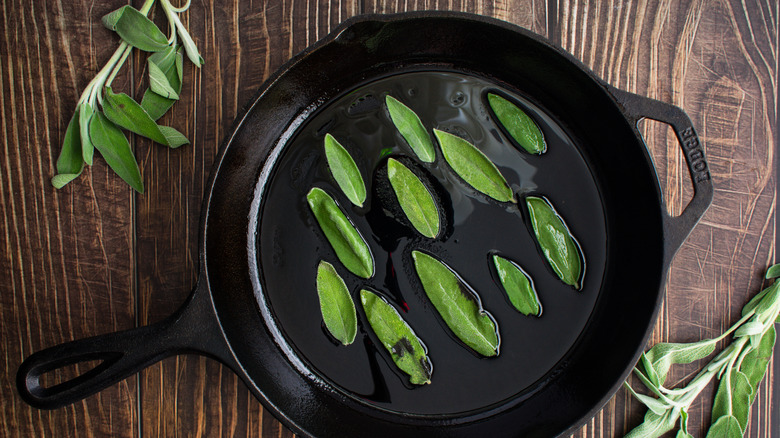 Sage frying in a skillet