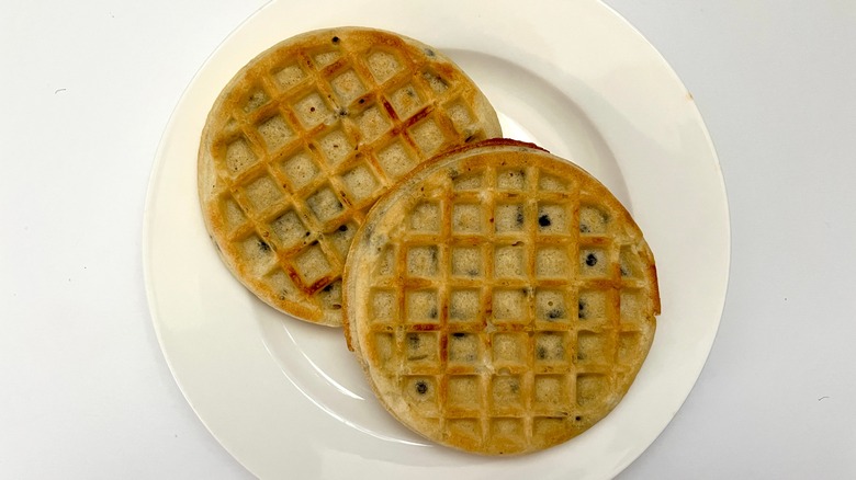 Plated previously frozen chocolate chip waffles