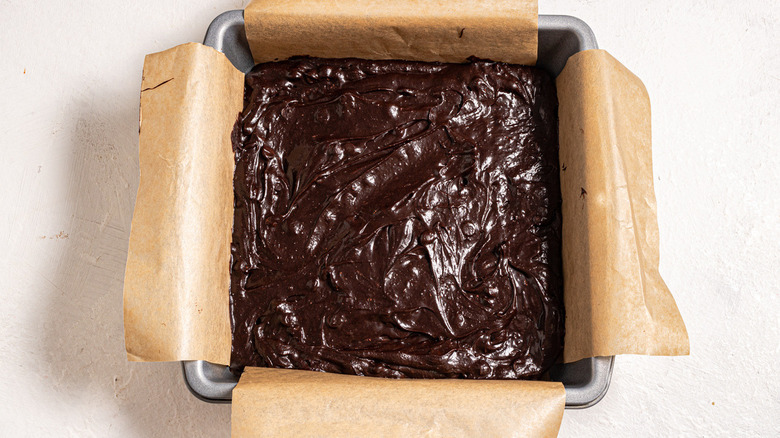 brownie batter in brown paper