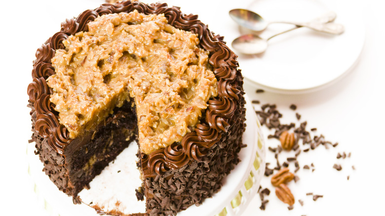 Overhead of sliced German chocolate cake