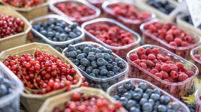 fresh organic berries in small paper baskets