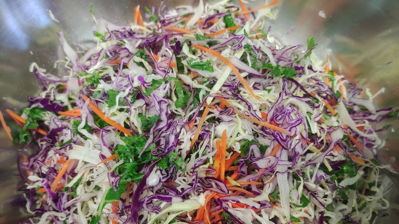 Slaw mix with shredded cabbage, carrots, and kale