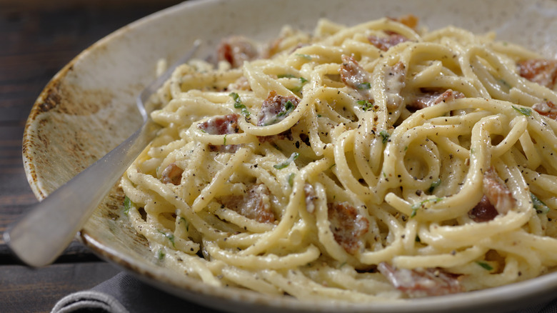 Closeup of pasta carbonara on a plate