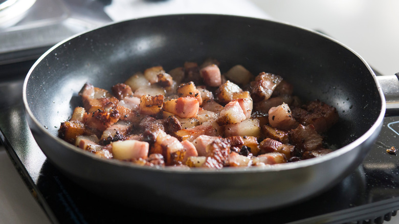 Pancetta cooking in a pan