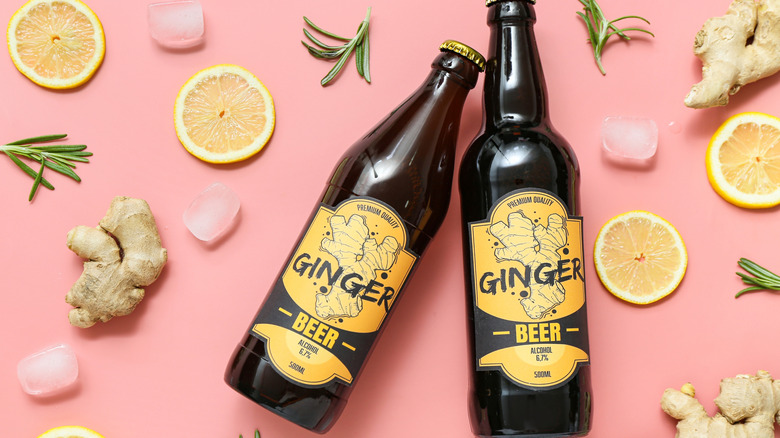 Ginger beer bottles on a pink background with rosemary, ginger root, and lemon