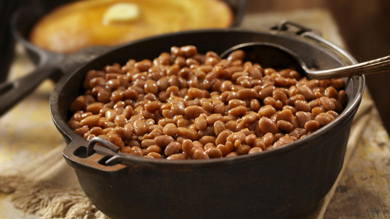 Baked beans in an iron skillet