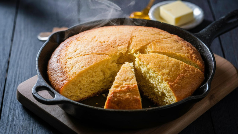 Hot cornbread in a skillet