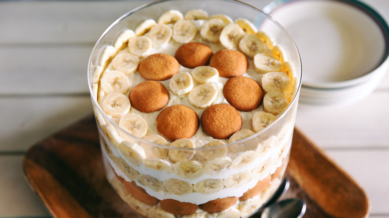 Banana pudding with vanilla wafers and whipped cream