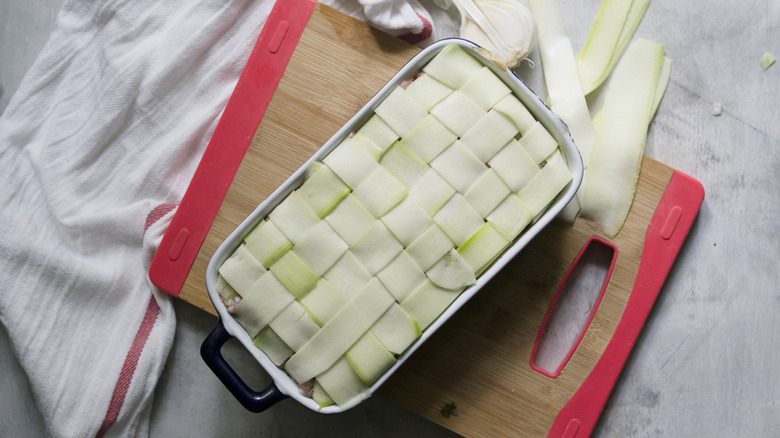 Zucchini lasagna with woven pattern of zucchini noodles