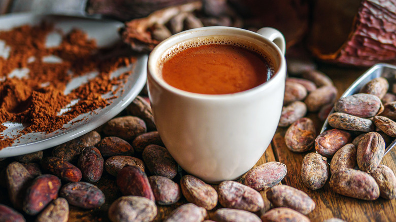 Mug with brown liquid surrounded by chocolate