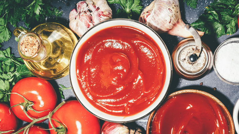 homemade ketchup in a bowl with fresh tomatoes