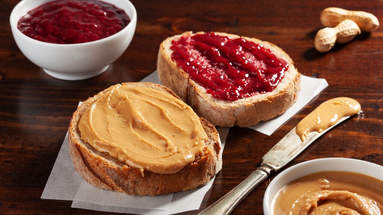 Open faced peanut butter and jelly sandwich