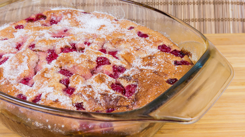 Glass pan with cherry clafoutis dessert