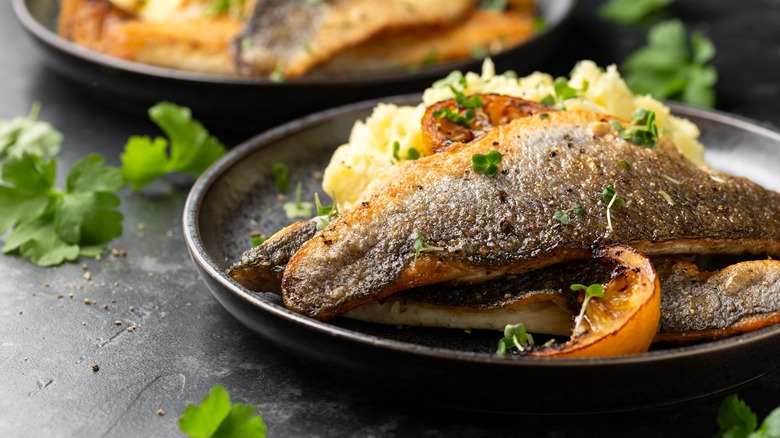 Pan-fried sea bass