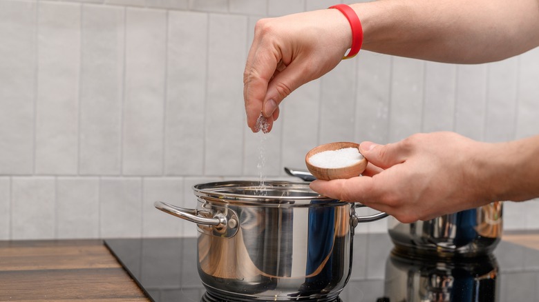 A person's hand adding salt to a pot