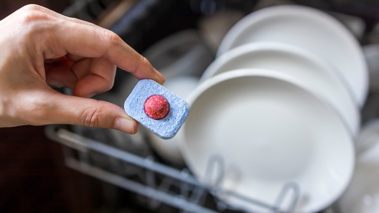 A person holding a dishwasher tablet