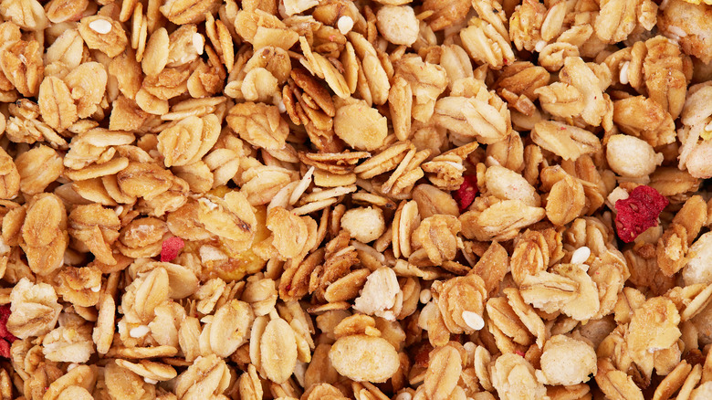 Closeup of grains, seeds, and dried fruit in granola