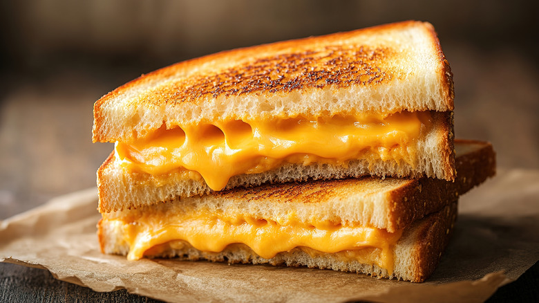 Two melty grilled cheese sandwich halves stacked