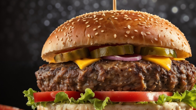 Close up of bison burger on sesame seed bun with cheese, lettuce, tomato, and pickles