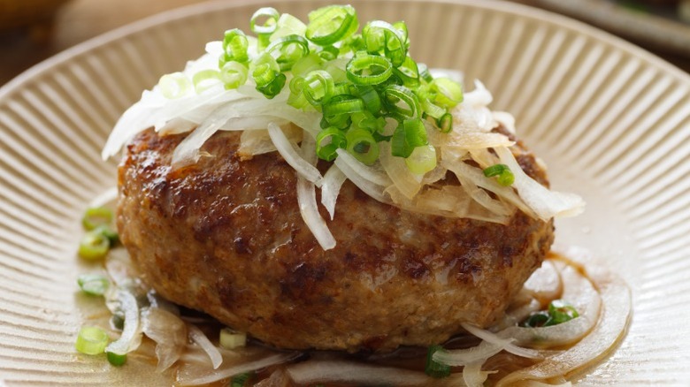 Japanese Hamburg steak with scallions and onions