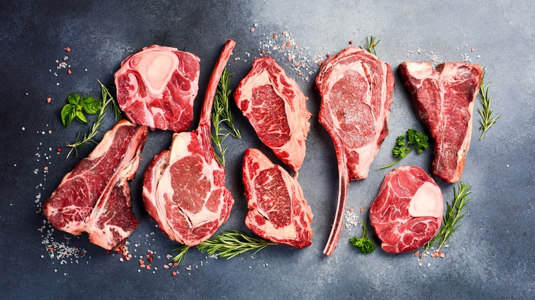 Display of assorted raw steaks