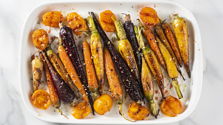 top down view of roasted baby carrots