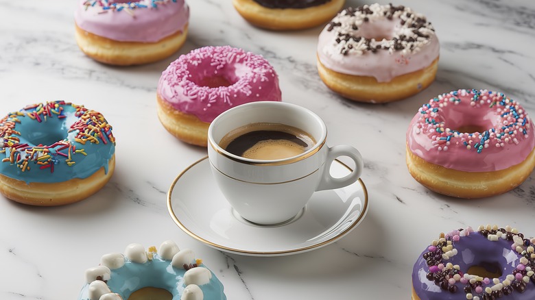 Colorful assortment of donuts and cup of espresso