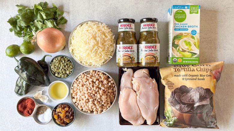 Hearty white chicken and navy bean chili ingredients on countertop