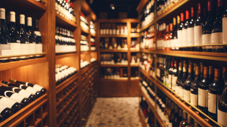 Wooden shelves in a wine shop